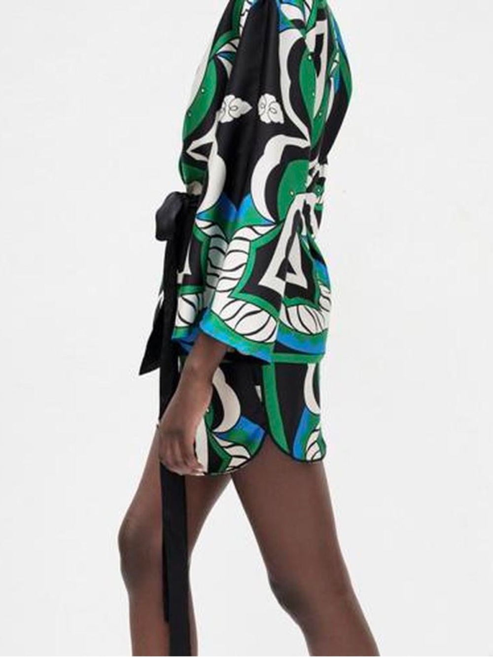 Zara Black, Green & Blue Printed Satin Kimono-Style Tunic